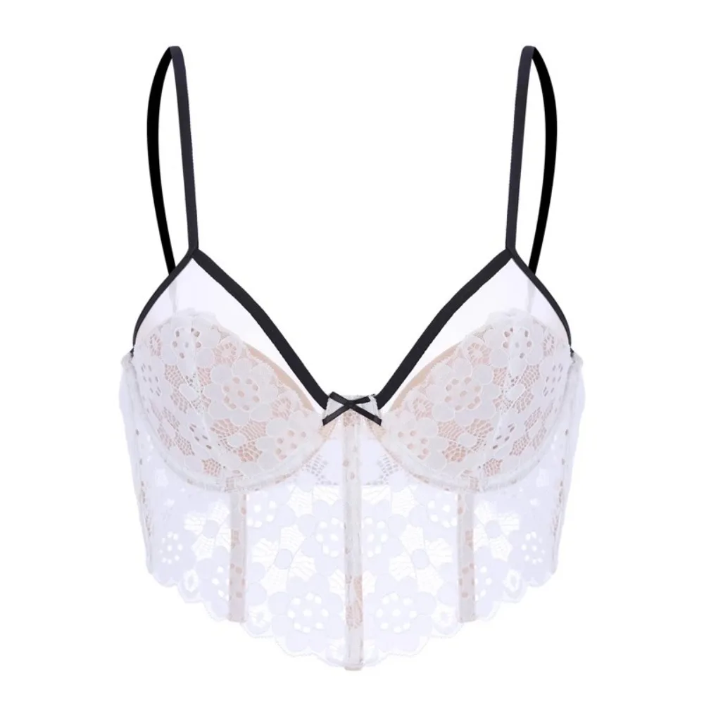 

Elegant Mesh Bow Lace Flower Camisole Sleeveless Suspender Vest Slim Crop Tops Transparent Sweet Lace Bow Bra Travel