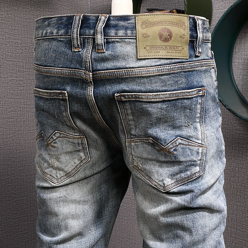 Pantalones vaqueros rasgados elásticos de alta calidad para Hombre, Jeans de diseño de moda, Retro, azul, Slim Fit, Vintage