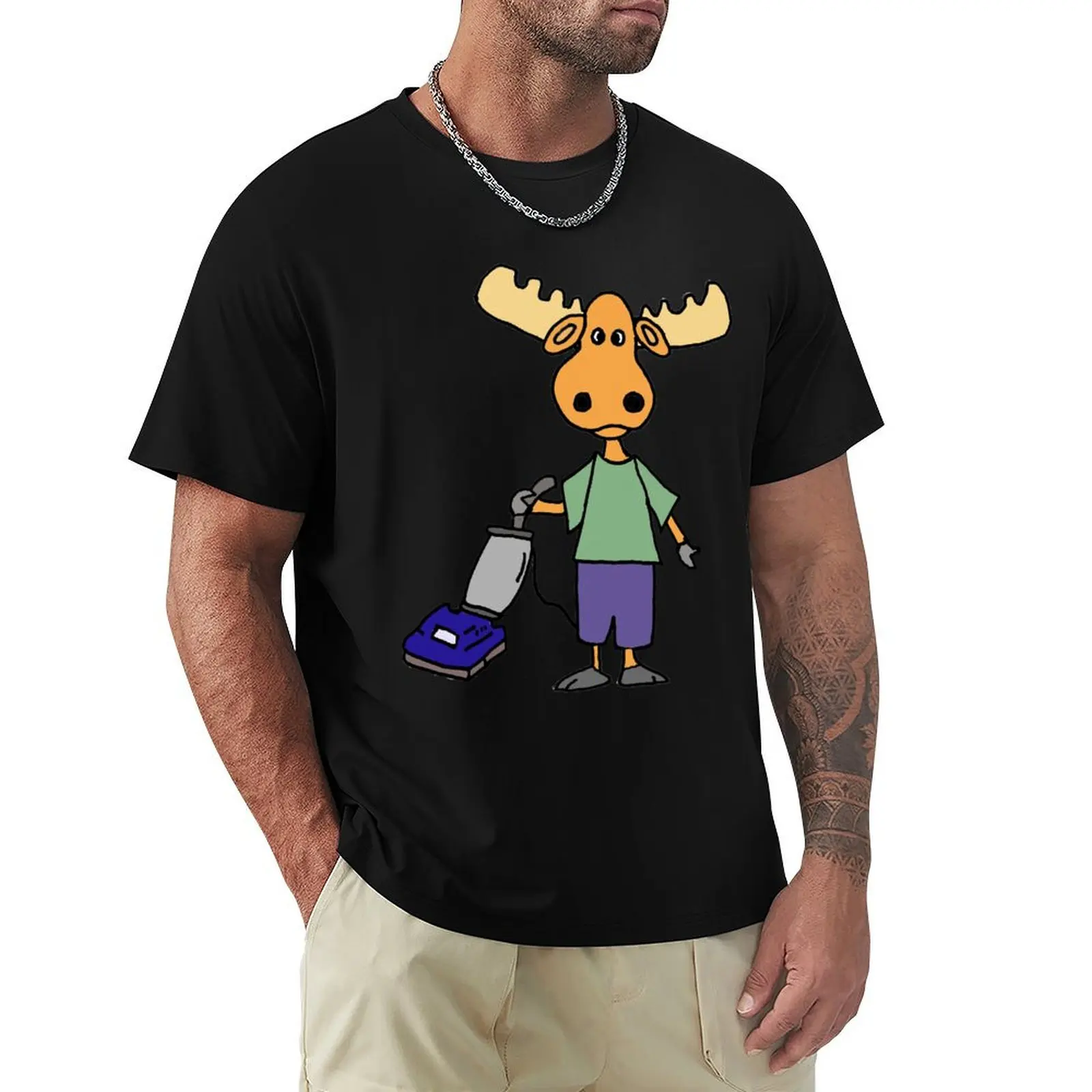 Funny Moose Pushing Vacuum Cleaner Cartoon T-Shirt Durable Work Wear T-Shirt
