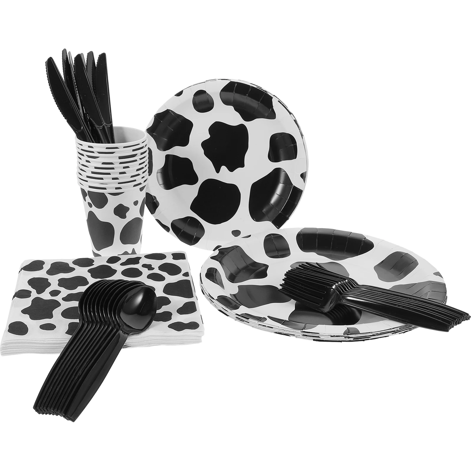 

1 set Cow Print Disposable Paper Plates Cups Set Black White Themed Tableware Kit Birthday Party Decorations Lightweight Design