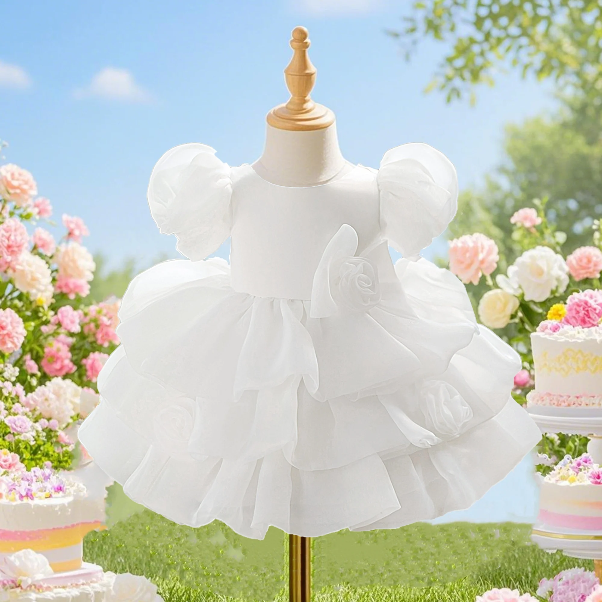 

Bubble sleeve dress elegant design for special occasions white baptismal bow design dress suitable for baby girl birthday