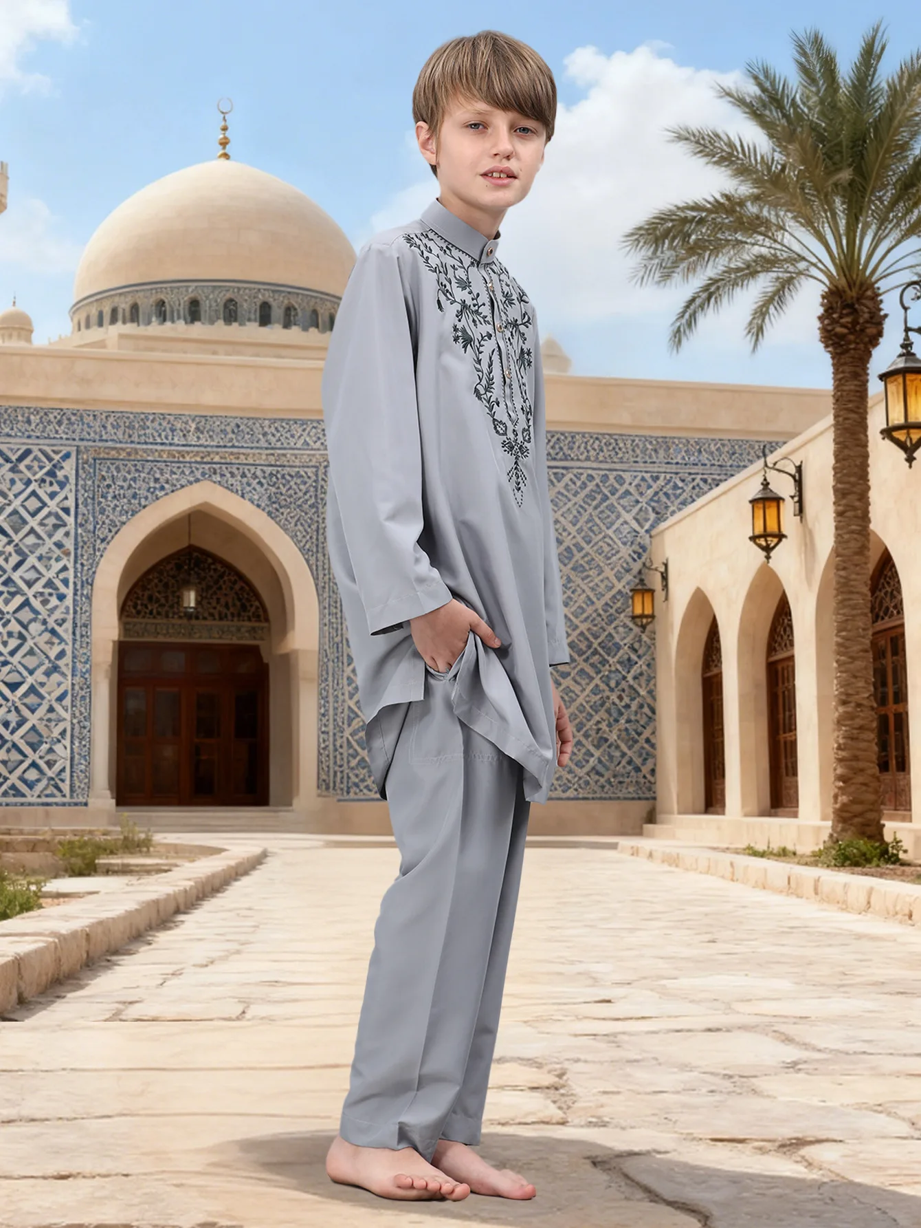 

Middle East 2PCS Boys Muslim Embroidery Stand Collar Outfit Long Sleeve Top Pants Kids Arab Thobe Jubba Saudi Dubai Traditional