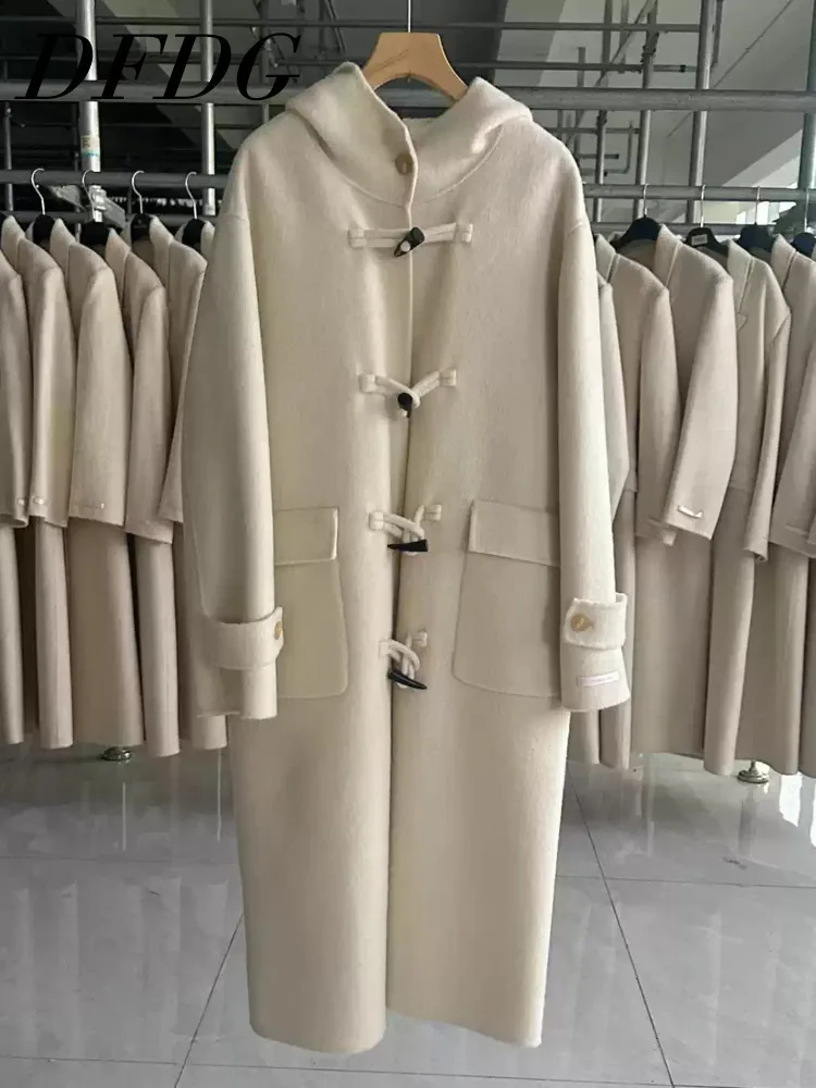 

DFDG Women’s Double-Faced Camel Wool Hooded Toggle Button Oversized Longline Coat Preppy Style Academic 2025 Winter Warmth Coat
