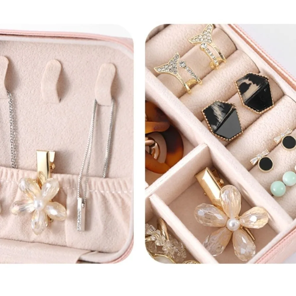

PU Leather Portable Jewelry Box Compact Design Button Closure Mini Jewelry Storage Macaroon Style Zipper Closure Ring Organizer