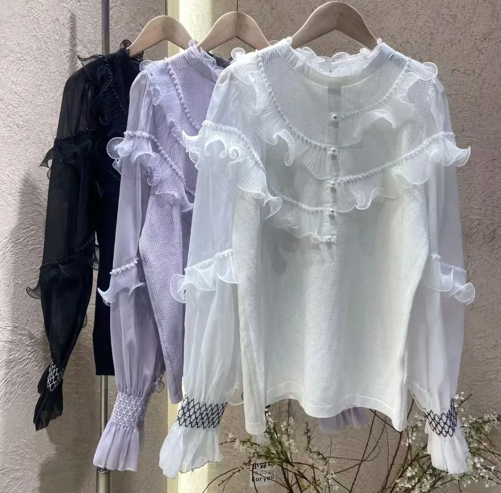 

Новейшие модные свитера 2024, осенне-зимние топы, женские высококачественные вязаные кружевные свитера с рюшами в стиле пэчворк, белый, черный джемпер с длинными рукавами