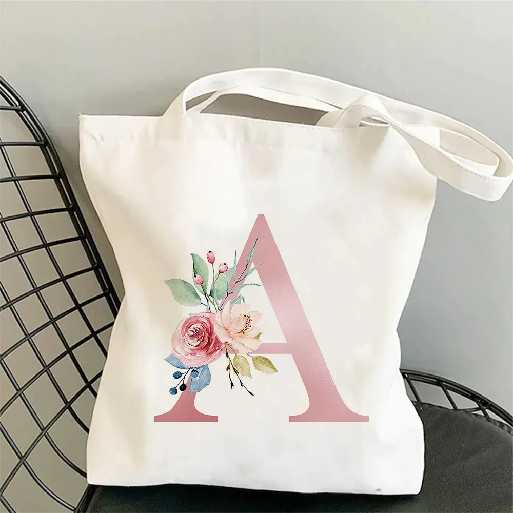 

Flowers Alphabet A-Z Cotton Bags Custom Name Shopping Bag Canvas Girls Trip Bridal Wedding Party Giveaway Personalized Tote