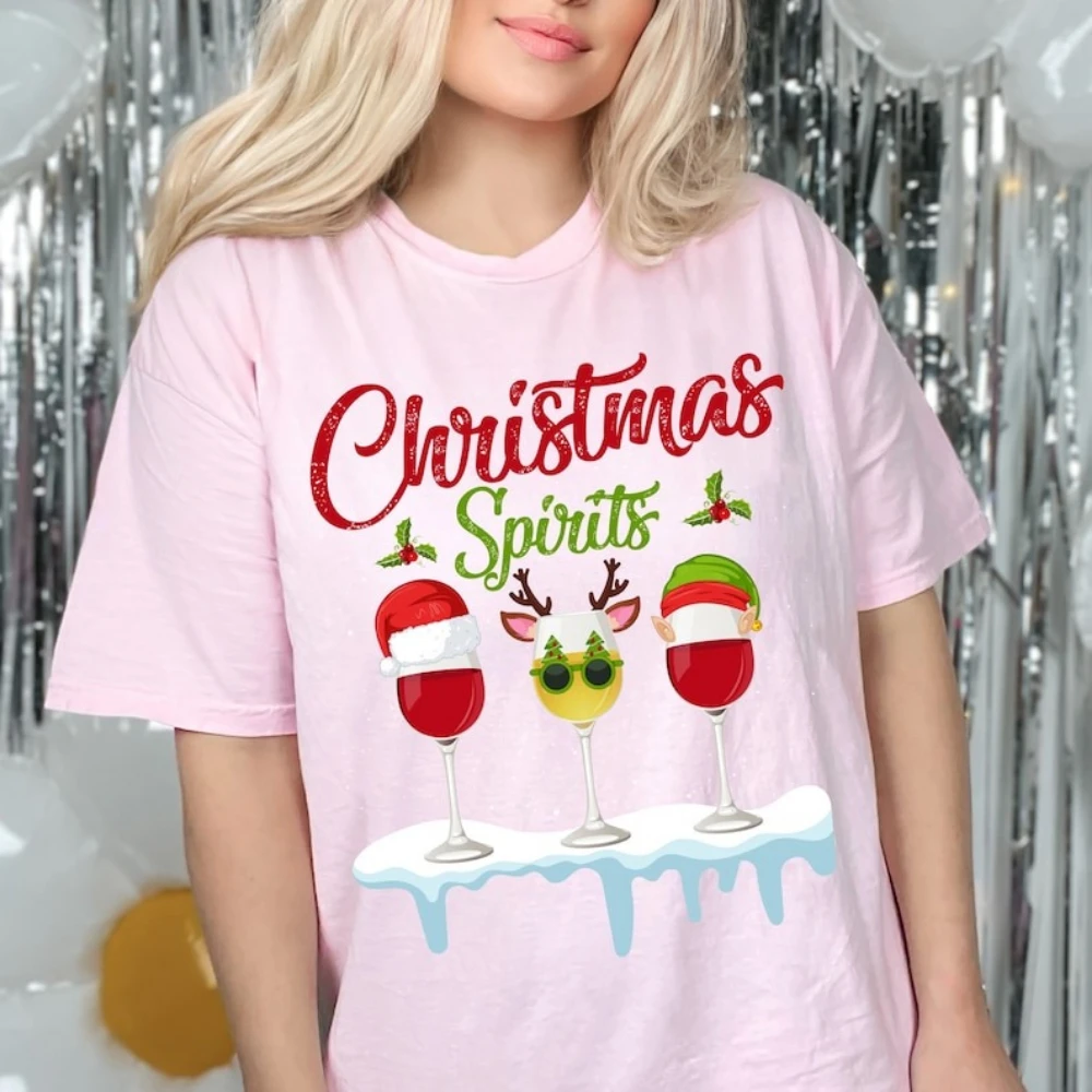 

Christmas Spirits Women T-shirts Xmas Wine Lovers Cotton Shirt Christmas Wine Party Sweater Gift for Wine Lover Graphic T Shirt