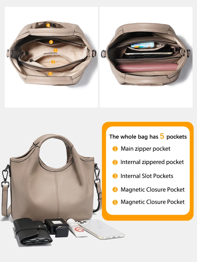 Zency Leather Shoulder Bag Woman Genuine Vintage Small Designer Tote Bag Cross over Bag New Women Hobo Green Khaki Large Bolsa