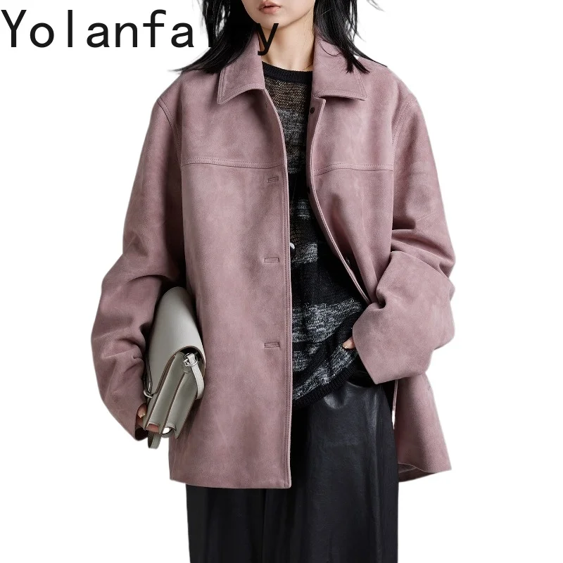 

YOLANFAIRY Women Genuine Sheep Suede Leather Jacket Casual Chic Loose Fit Real Real Leather Coat Elegant Outerwear Chaquetas