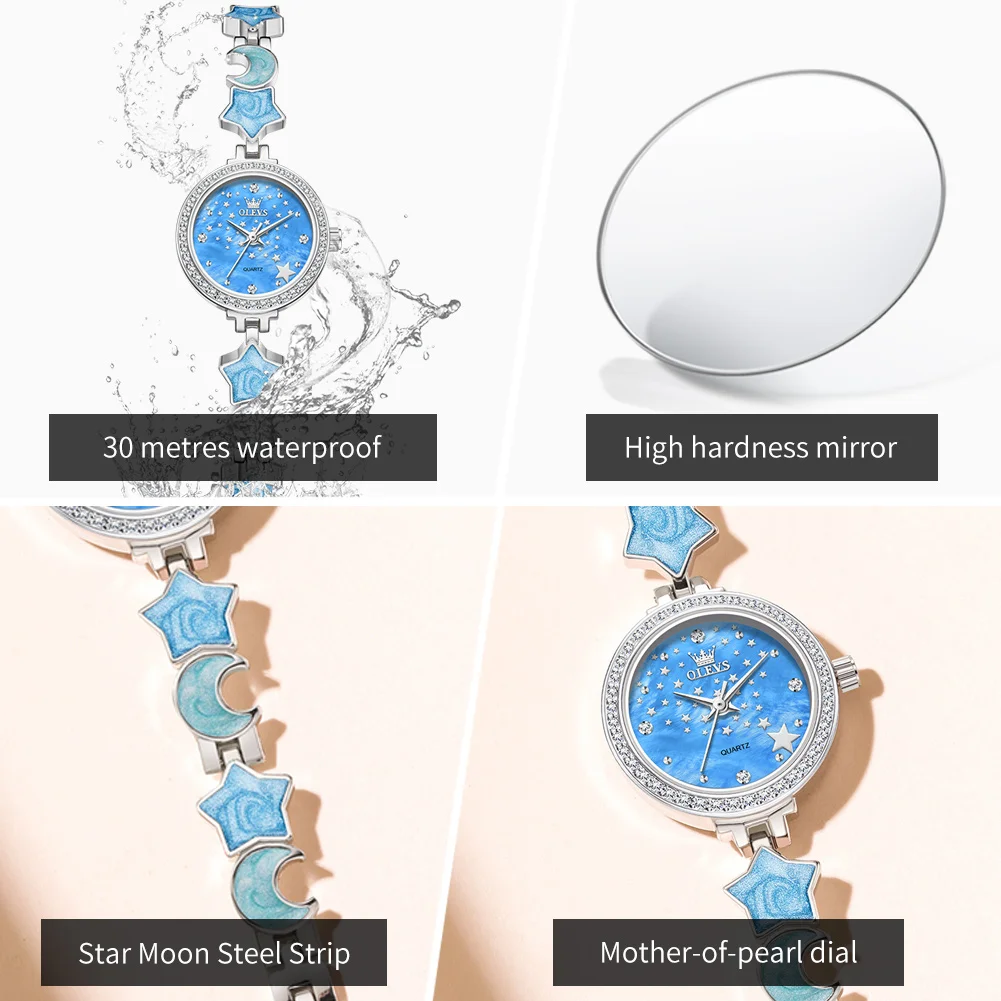 OLEVS 5665 Orologio da donna originale di marca Fashion Star Moon Dial Orologio da polso con cinturino in acciaio inossidabile per donna