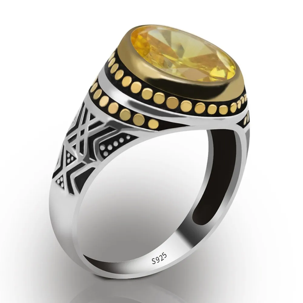 

Real 925 Sterling Silver Men Ring Yellow Cubic Zirconia Stone two Colour plated Male ring Jewelry Gift