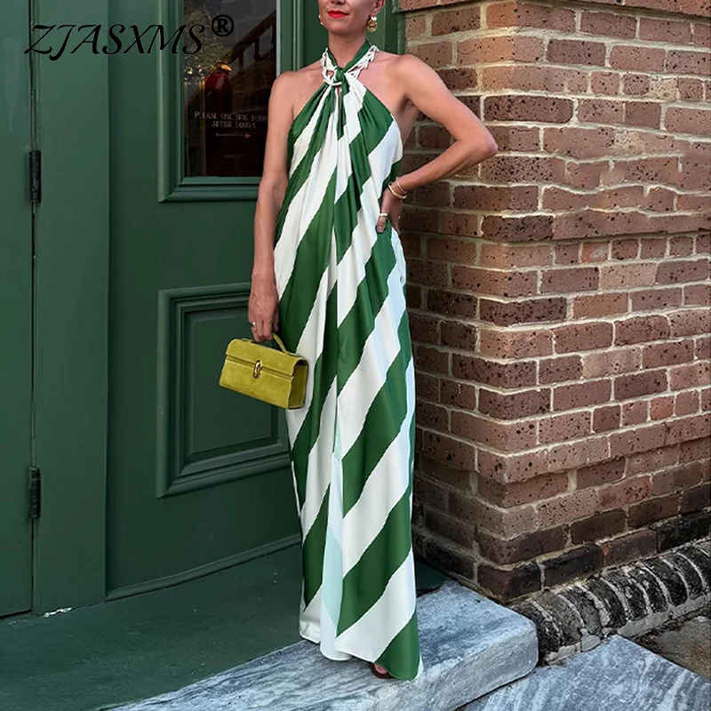 ผู้หญิงแฟชั่น Halter ชุดเดรสยาวแขนกุด Elegant ลายจีบวันหยุดฤดูร้อนใหม่เซ็กซี่ Backless Hollow Out Boho Dres