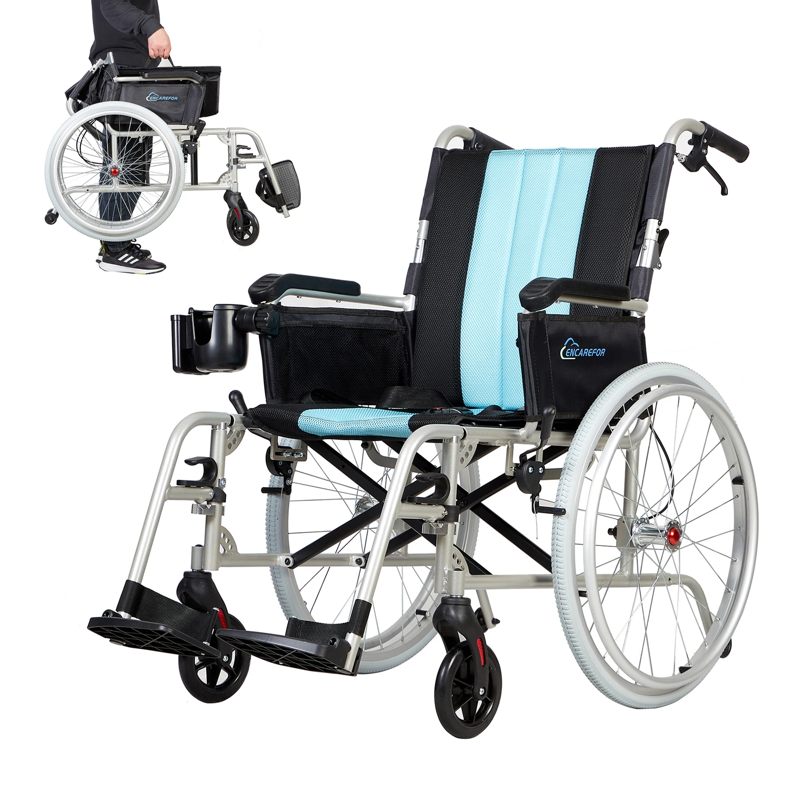 Image of 5,9 kg leichter Faltrollstuhl mit ergonomischer Rückenlehne, Sitzfläche 50 cm, Rollstuhl für Ältere und Behinderte, selbstfahrender Magnesium-Rollstuhl mit Reisetasche, 2-in-1-Halterung, Silber