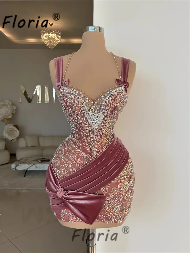 Couture Short Cocktail Dresses For Women Spaghetti Straps Birthday Party Dress Elegant Luxury Pearls платье вечернее женское