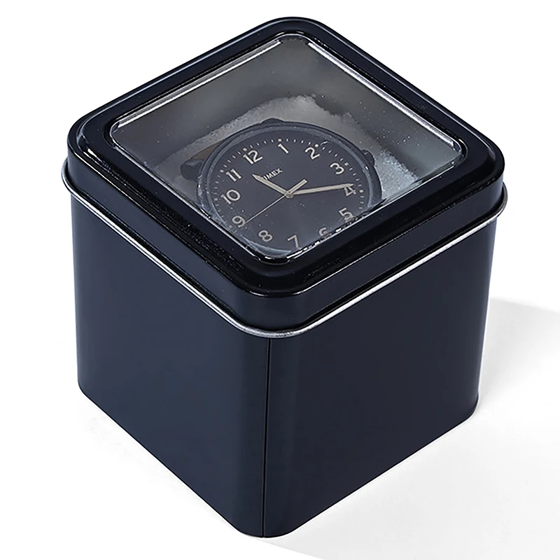 Caja organizadora de reloj negra cuadrada de 8CM, soporte de exhibición, lata de hojalata, caja de regalo de joyería sellada de Metal, estuche de exhibición con cojín