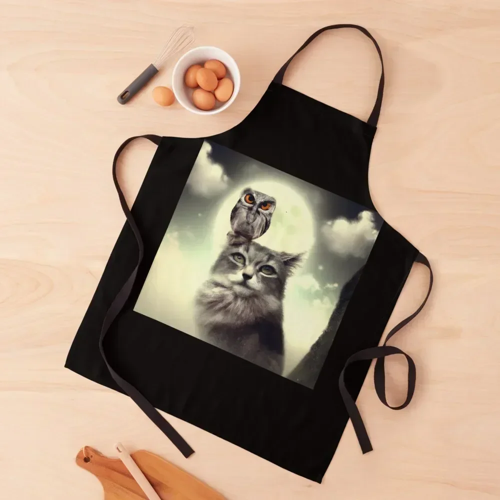 

a cat and an owl t-shirt Apron Women's Kitchen Kitchen For Women Apron