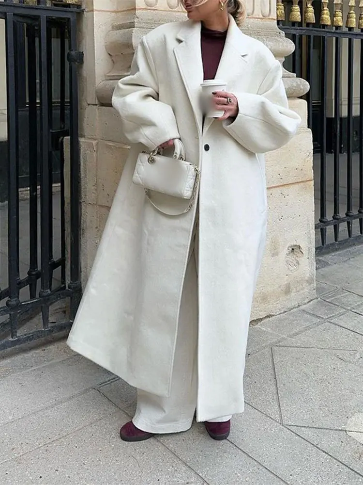 

Elegant White Women Long Woolen Overcoats Casual Lapel One Button Full Sleeve Coats 2024 Autumn Winter Lady High Street Outwear