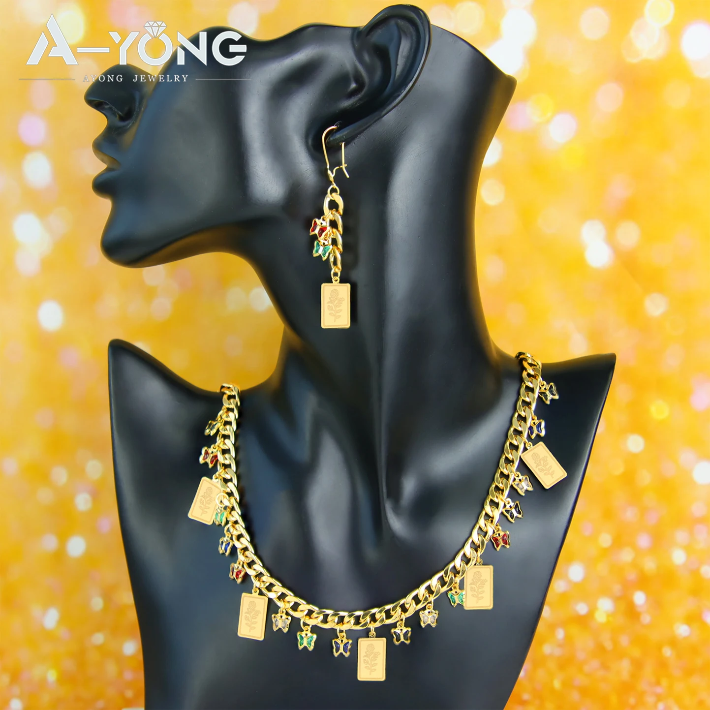 Arabisches Quasten-Blumenschmuckset, 24k vergoldet, elegante Zirkonia-Schmetterlingskette, Armband, Ohrringe, nigerianischer Hochzeitsschmuck – Detail 6