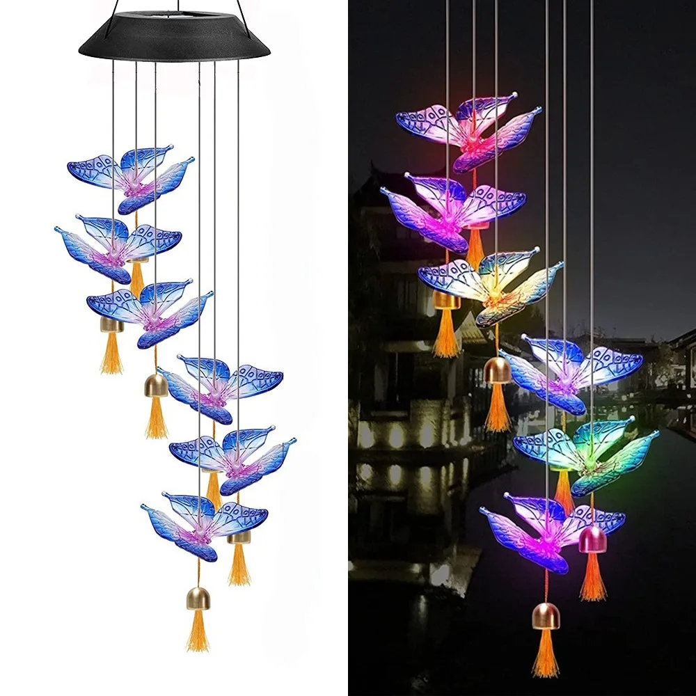 Luz Solar de carillón de viento, lámpara Led de carillón de viento con campana de colibrí y mariposa, carillón de viento luminoso colorido decorativo para interiores y exteriores