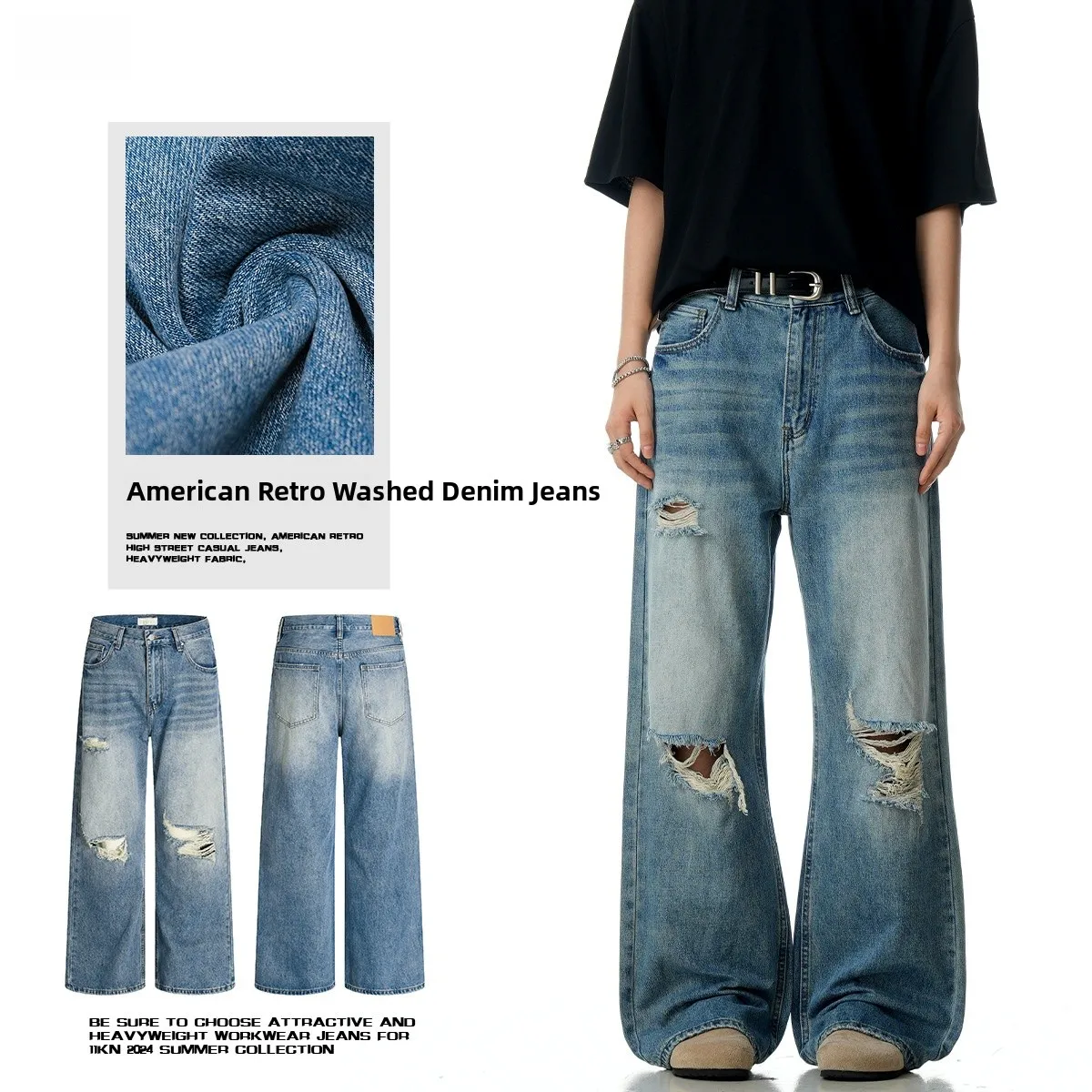 

Retro American Waed Blue Straight Leg Jeans Men Women Loose Casual Slimming Wide Leg Denim Pants High Waist Long Cotton