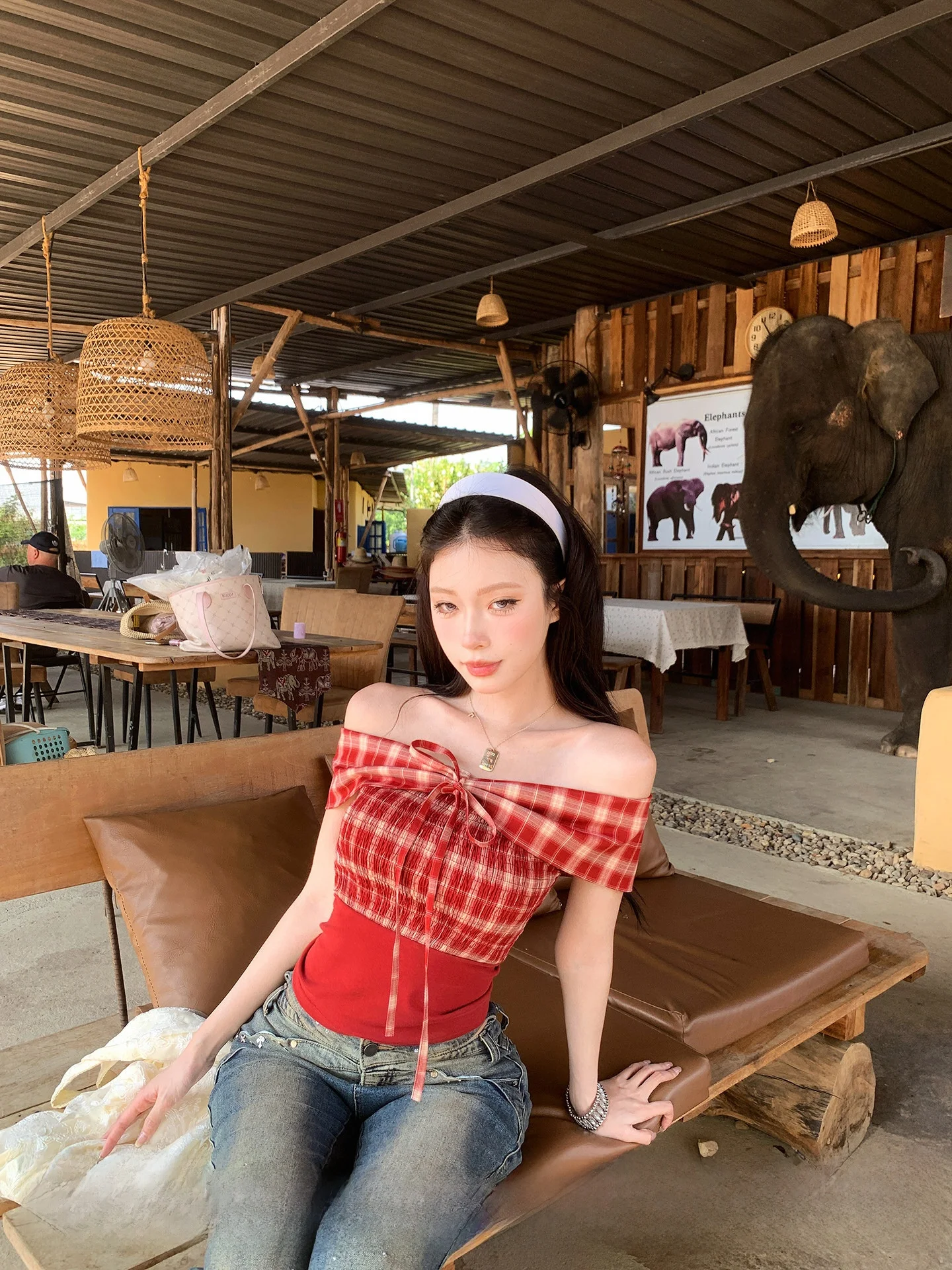 

Pinksoya Plaid Splice Strapless Crop Top Women's Slim Fit Breathable Cotton Blend Spring Summer Fashion Trendy Streetwear