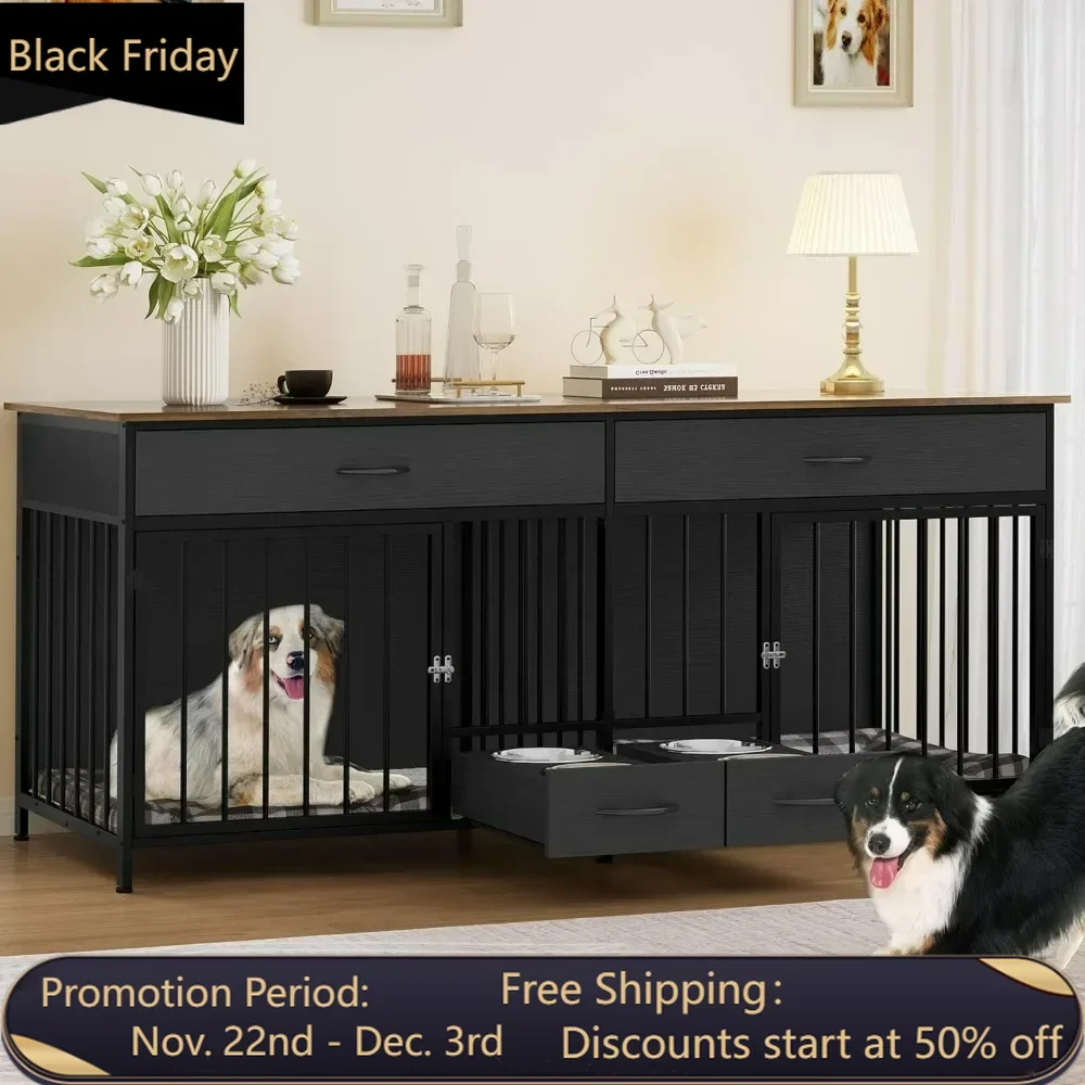 Dog Crate, Indoor Kennel for Large Breed with Storage Feeder, Wooden Pet Crate TV Stand Table for 2 Small Medium Dogs, Dog Crate