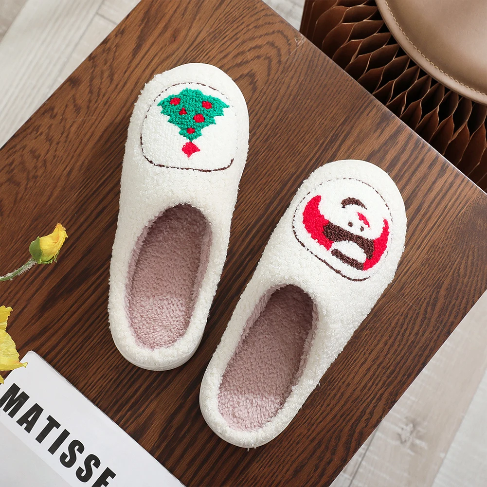 Snowman Xmas Tree Slippers Christmas Plush Slippers Comfortable Cute Furry Slippers Anti Slip Soft Couple Slippers for Men Women