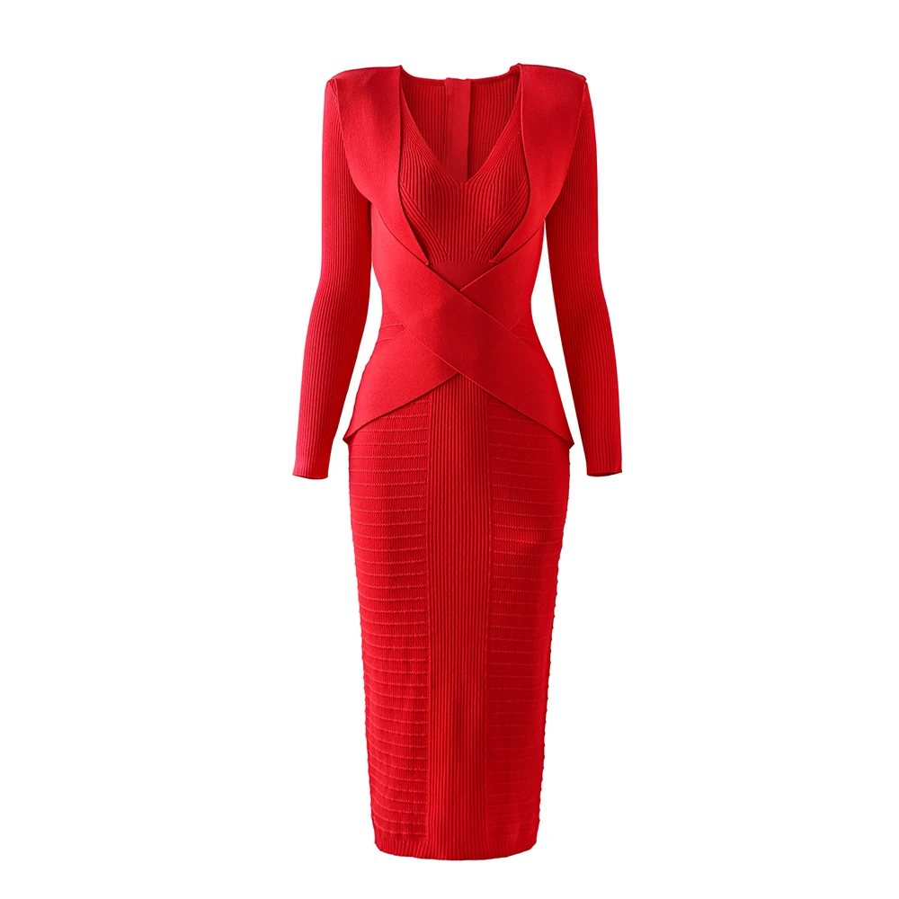 Christmas New Year Red Women Long Knitted Dress Wrapped Waist Bodycon Stretchy Fabric Tall Lady High Street Clothing