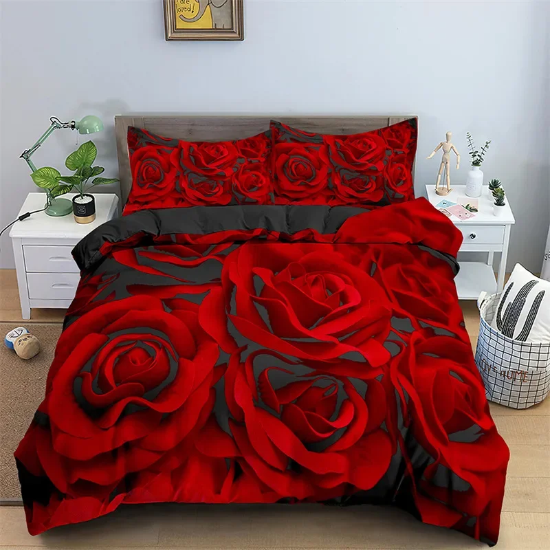 Floral Red Rose Romantic Flowers Valentine's Day Bedding Set Boys Girls Twin Queen Size Duvet Cover Pillowcase Bed Kids Adult