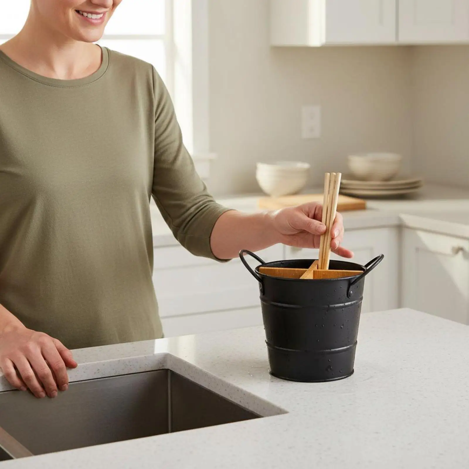 Divided Cutlery Bucket with Multiple Compartments, Kitchen Utensil Organizer
