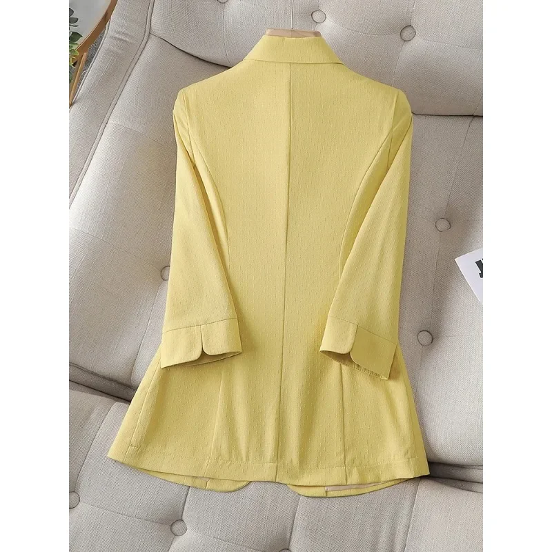 Blazer wanita, mantel kerja bisnis perempuan jaket ramping kancing tunggal, biru kuning, musim panas musim semi