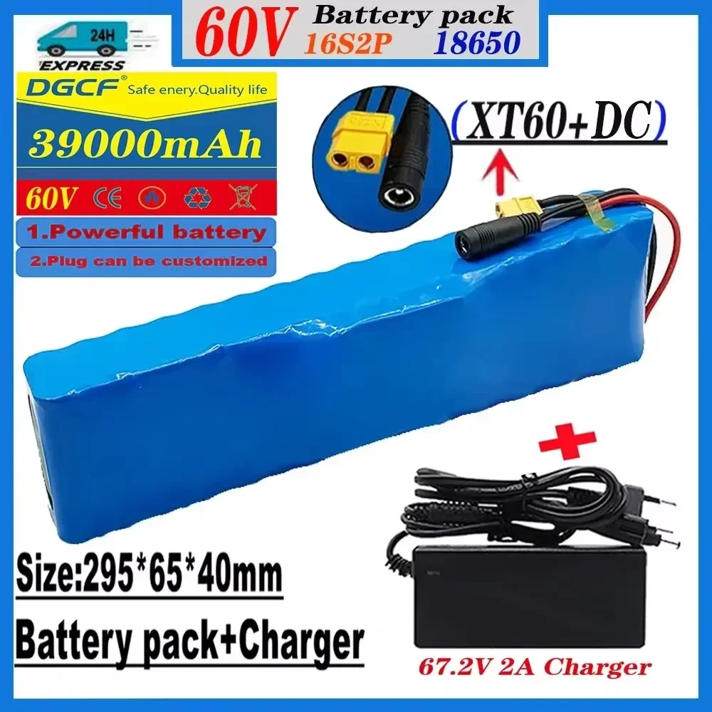 

New 18650 60V 1000w 16S2P XT60 Lithium ion Battery Pack 39000mAh For E-bike Electric bicycle Scooter with BMS+charger