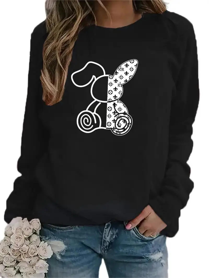 2024 New Trend All-in-one female cartoon Kawaii Rabbit print ladies loose casual black crew neck hoodie Custom logo sports stree