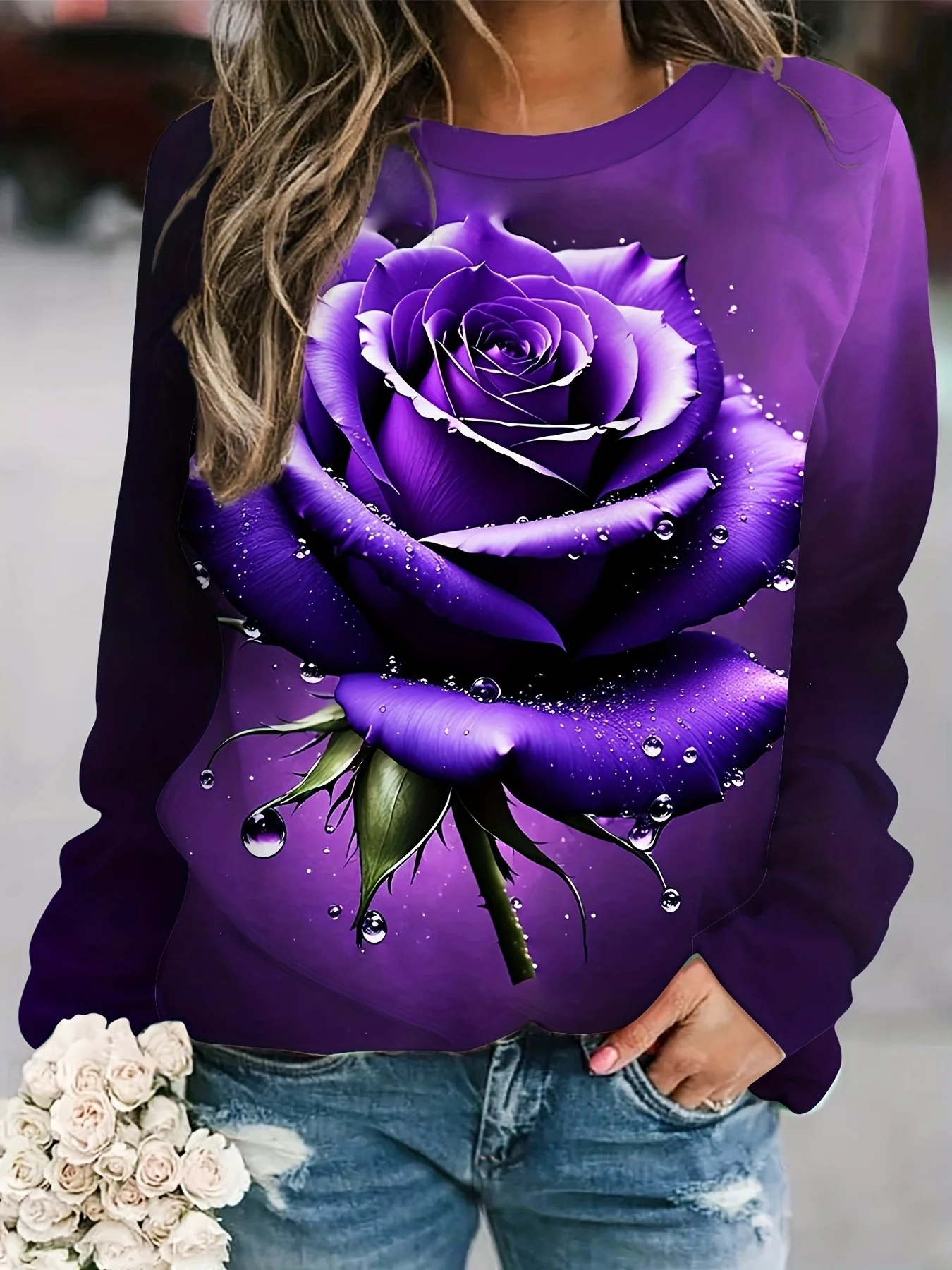 Women T‑shirt Purple Rose Bloom Art Print Crew Neck Long Sleeve Autumn Winter Casual Daily Tee Top Women's Clothes
