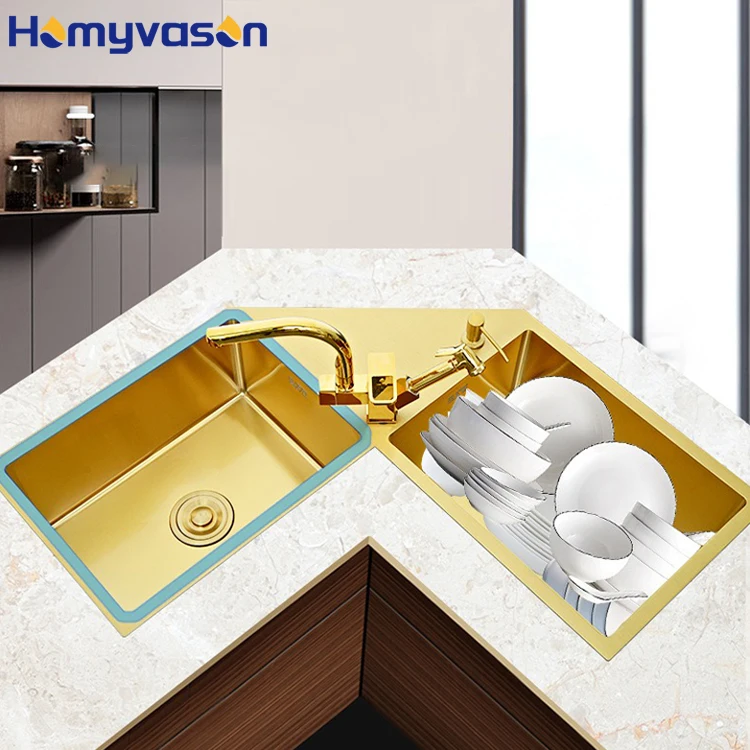 Gold Nano Space Saving Corner Kitchen Sink Stainless Steel Triangle Corner Design Kitchen Sink