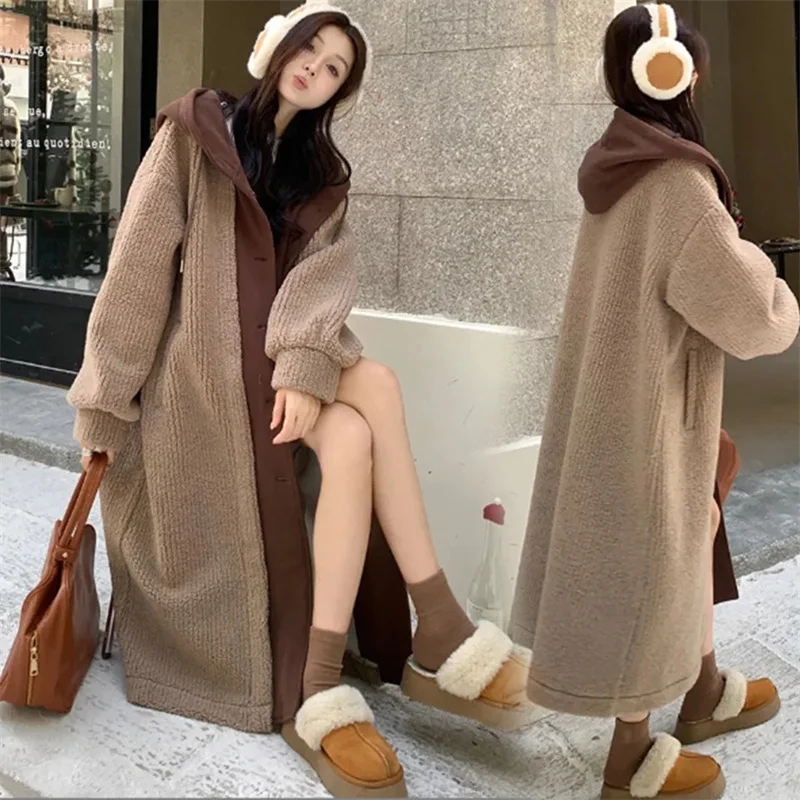 

Pregnant Women's Wear 2024 Autumn/Winter Vacation Two Pieces with Hat Lamb Fleece Coat Women's Loose and Thickened Long Coat WLF