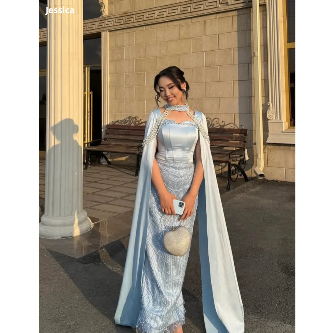 

Jessica Elegant Ladies Luxury Evening Dresses Sky Blue Beads Prom Dresses Satin Shawl Party Dresses Vestidos De Gala