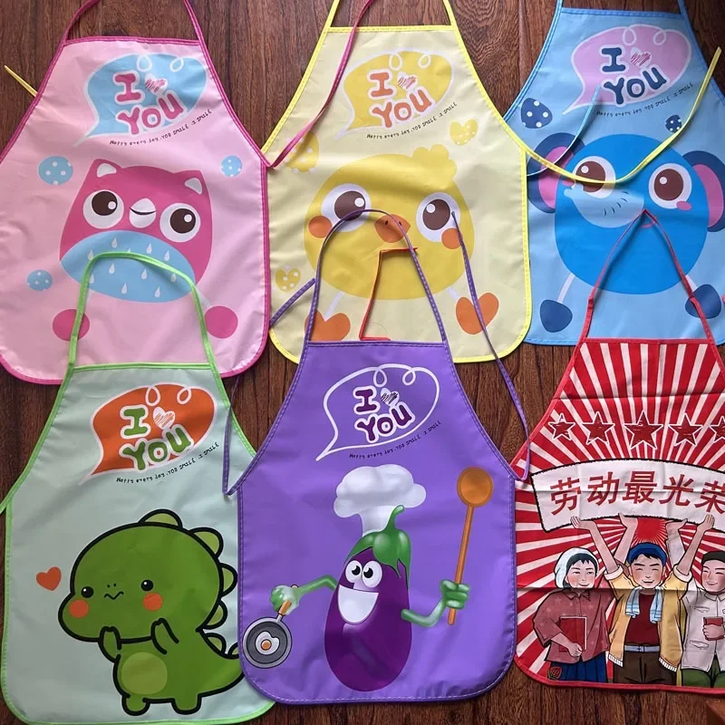 Cute Cartoon Apron for Children Sleeves Chef Hat Pocket Set Kids Kitchen Cooking Chef Craft Art Suit Drink Food Bibs for 3-8Y