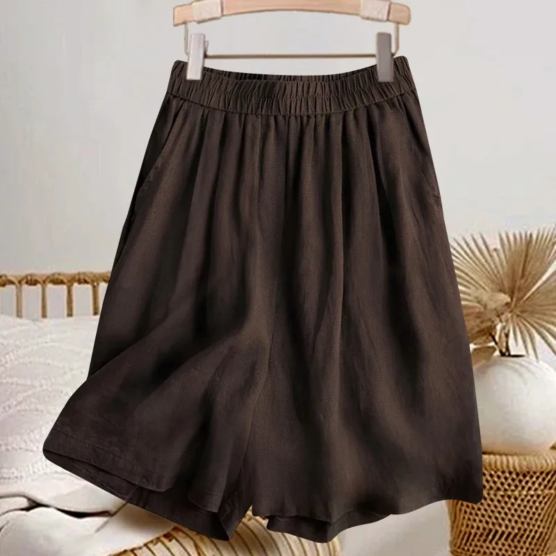 

Women's High Waist Cotton Linen Shorts Casual Loose Wide Leg Length Summer Trousers