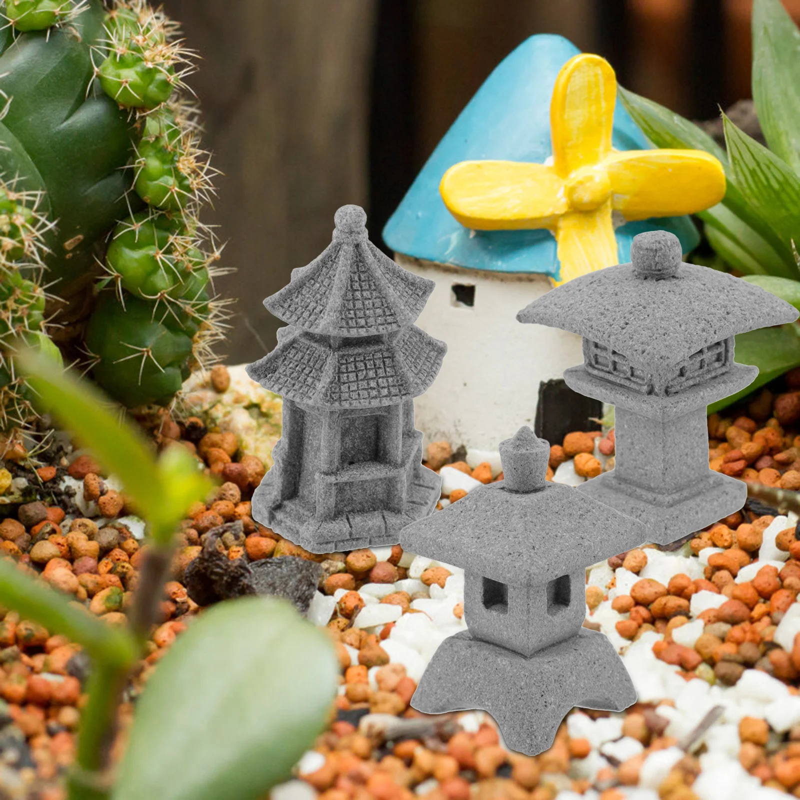 

3Pcs Pagoda Shape Pavilion Decor Sandstone Garden Ornament Bonsai Accessories Miniature Landscape Pavilion Statue Indoor Outdoor