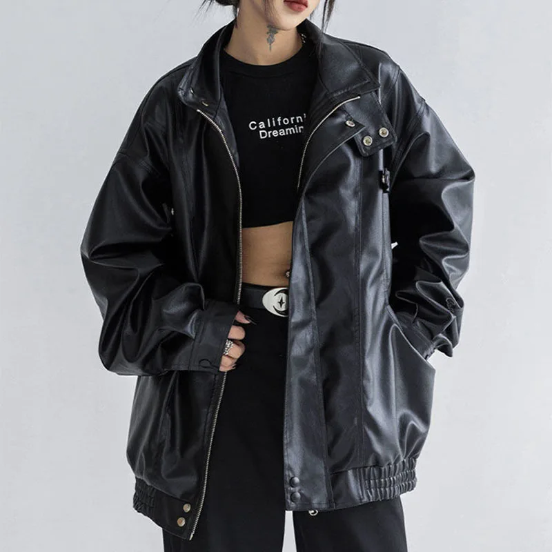 Harajuku jaqueta pu feminina gola alta moda couro falso manga longa casaco heavy metal preto y2k outerwear feminino topos