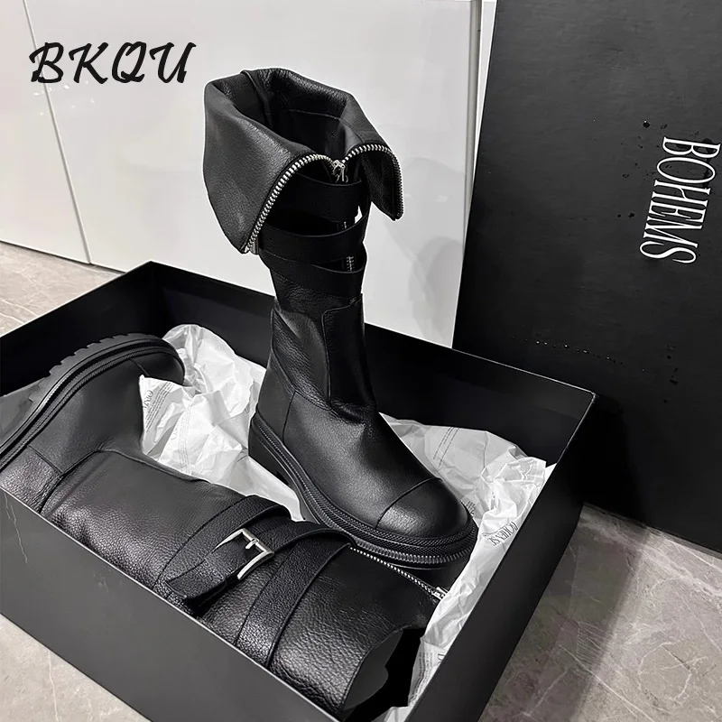 BKQU Punk Knee-high Boots Women 2024 Spring and Autumn New Trend Belt Buckle Thick Sole Motorcycle Rider High Fashion Boots