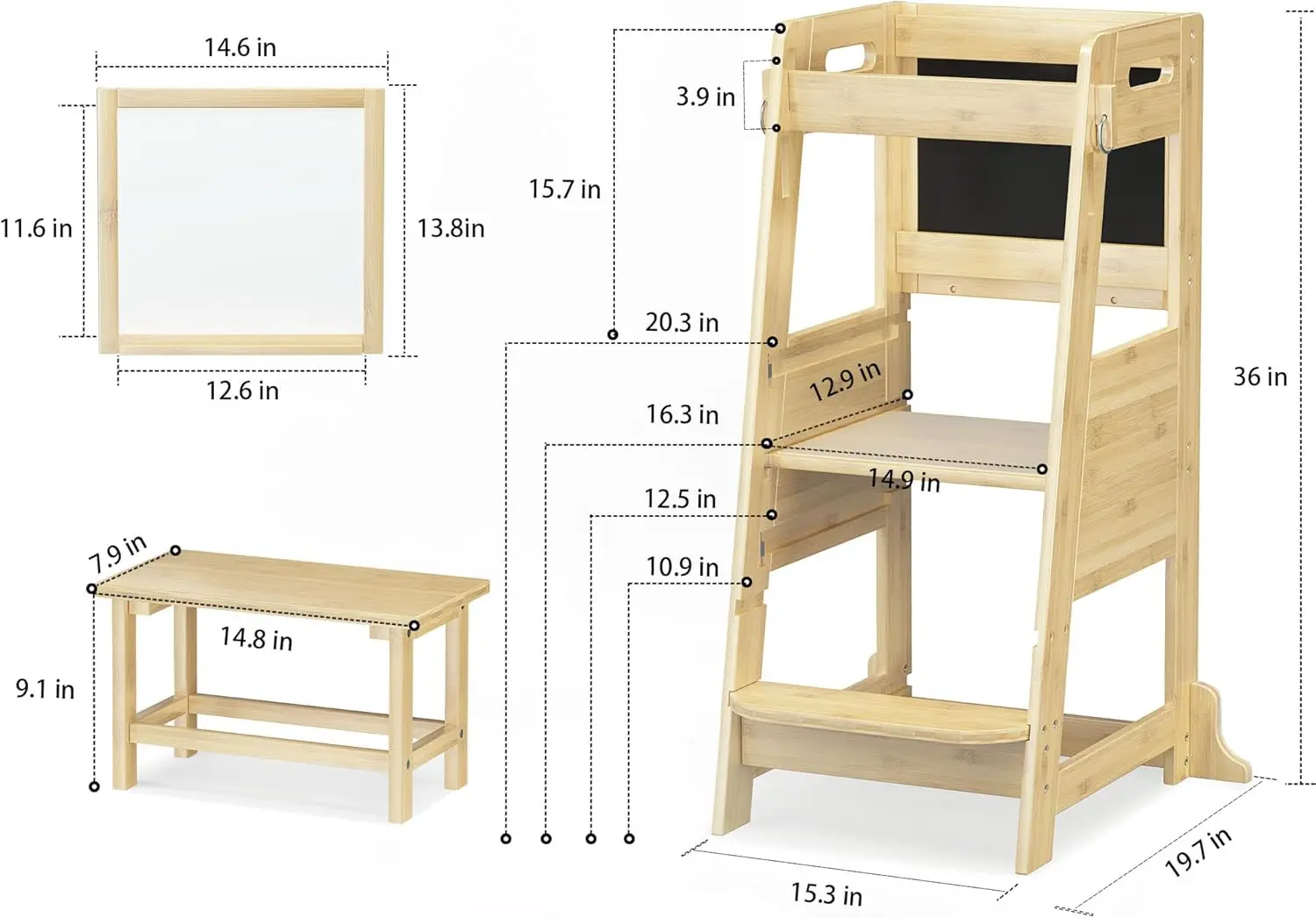 Bamboo Toddler Kitchen Step Stool Kids Learning Helper Standing Tower 3 Height Adjustable Stool with Activity Chalkboard and Whi