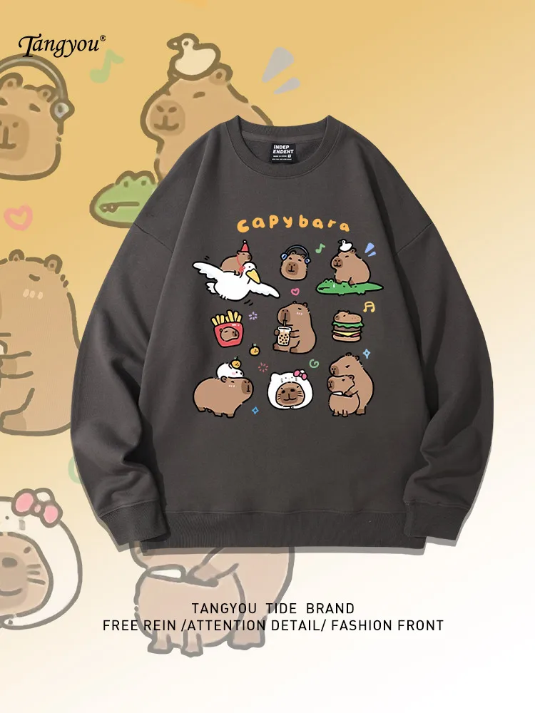 

New Autumn Winter Capybara Long Sve Hoodie Cute Cartoon Design round Ne Versatile Men's Top Cotton 00% Loose Fit Teen F...