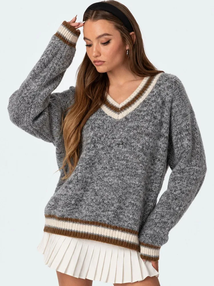 2026 Autumn Winter Women Color Block Striped V Neck Knit Sweater Long Sleeve Casual Pullover
