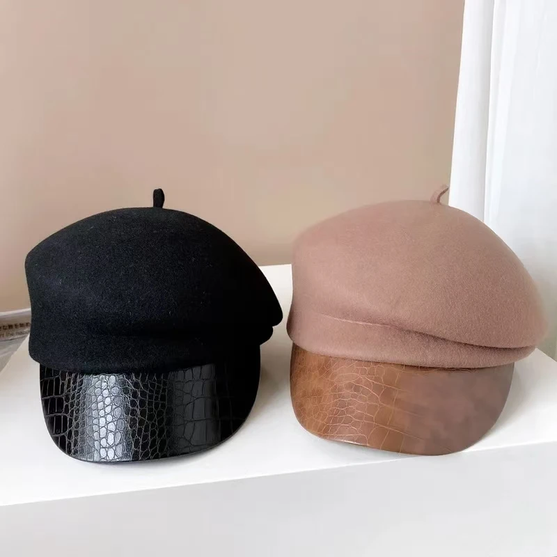 Fashion leather brim wool beret women's autumn/winter Korean style newsboy hat British knight hat duck cap Japanese system