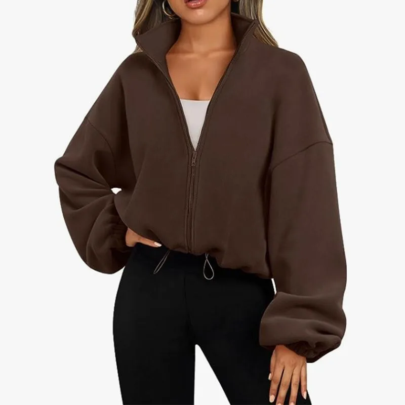 

Tops Hoodies Outerwear Women's Autumn/Winter Shearling Stand-up Collar Fleece-lined Warm Relaxed Fit Cropped Drawstring Casual
