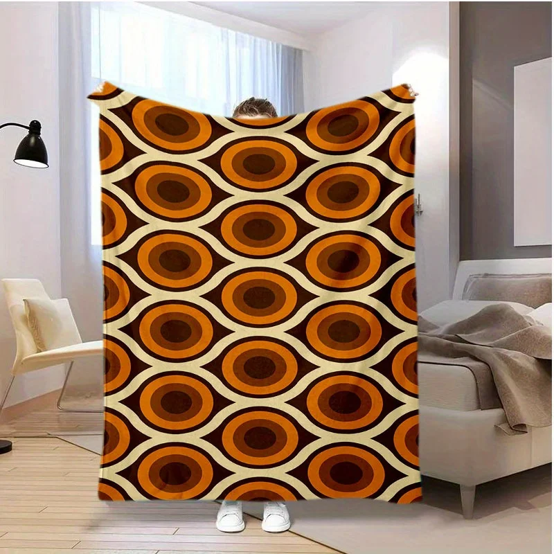 70s Vintage Circle Geometric Print Blanket, Cozy Light Flannel Throw For Couch Office Camping, Cream Base Daily Home Blanket