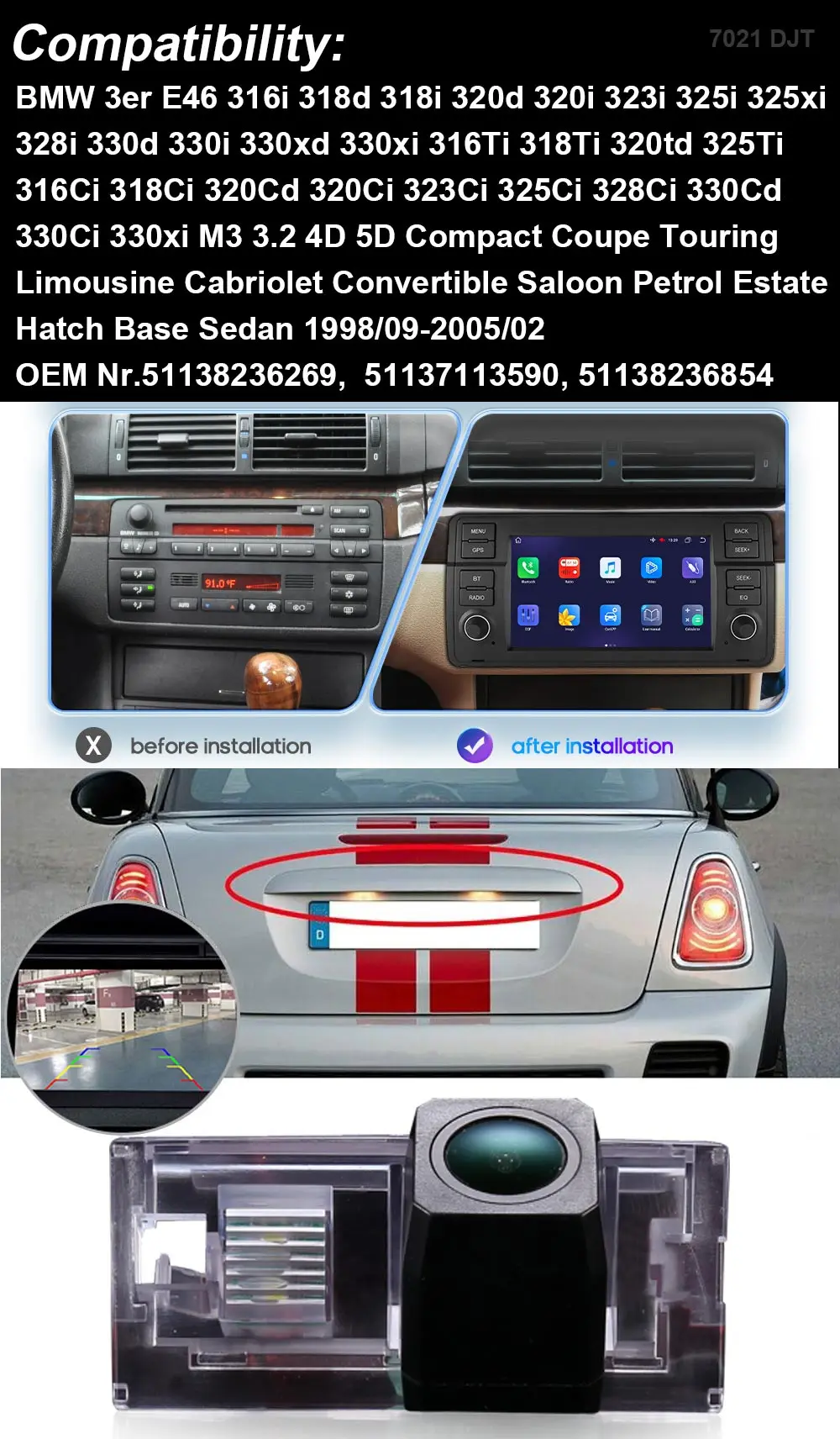 Android 7” car radio with GPS navigation +HD rear view camera for BMW 3 Series E46 330d 330i 330xd 330xi 316Ti 318Ti 320td 325Ti