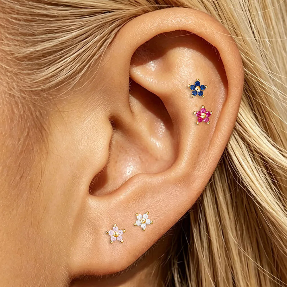 4PCS Compact Dainty 14K Gold Plated Ear Stud Set Earrings for Women Green/Purple/Pink/White Zircon Flower Jewelry Girl Gift